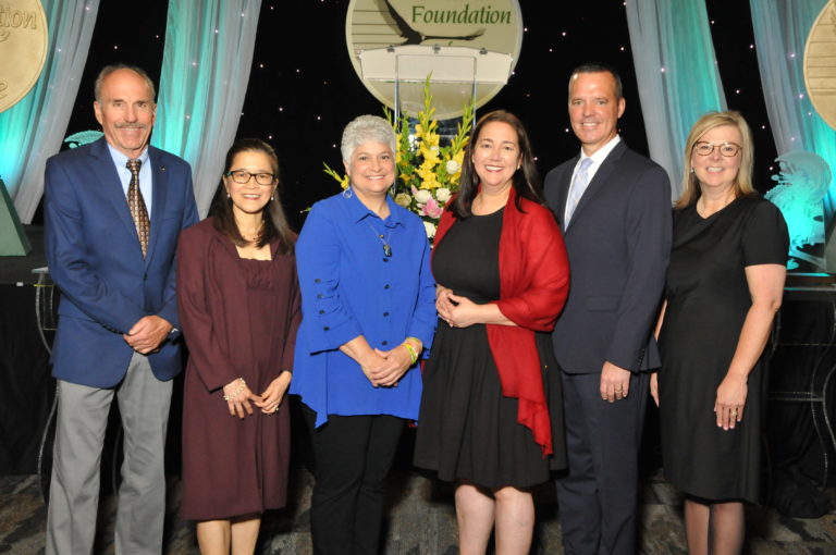 Keynote speaker Erin Gruwell (third from right) gathers with Medal for Excellence-winning educators (from left) Dr. David Bass, Edmond; Dr. Edralin Lucas, Stillwater; Shelley Self, Coweta; Chuck McCauley, Bartlesville; and Michelle Rahn, Claremore; prior to the awards ceremony.