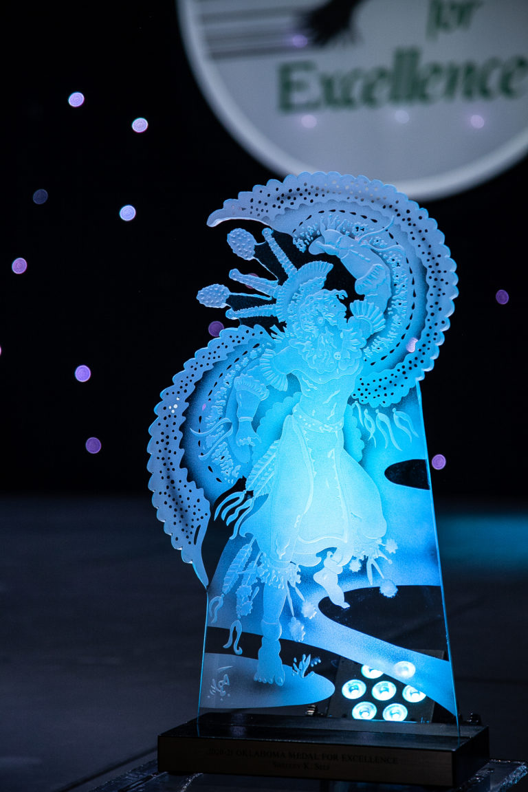 The Root and Wings glass sculpture presented to Medal for Excellence winners.